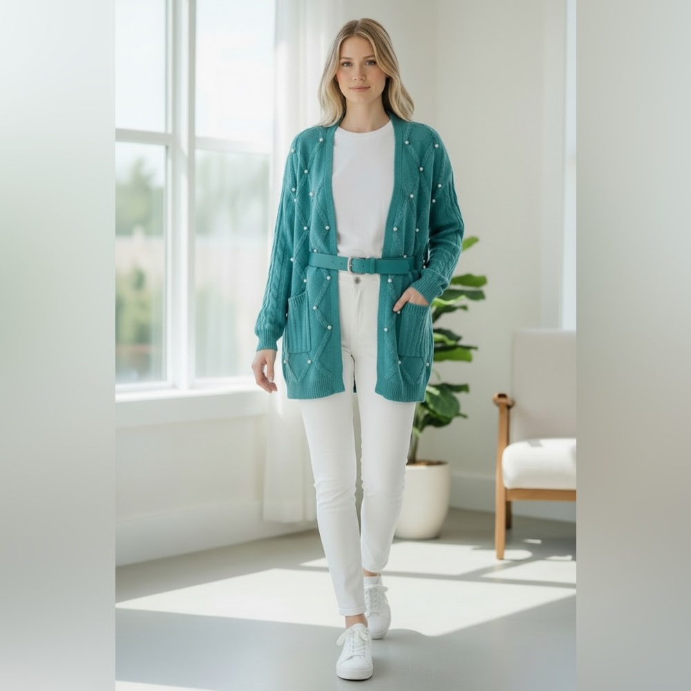 UMGEE Teal Cardigan with Pearl Accents, M